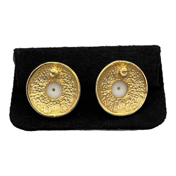 50s Glamour Faux Pearl, Gold, & Rhinestone Statement Button Vintage Earrings - Picture 3 of 9